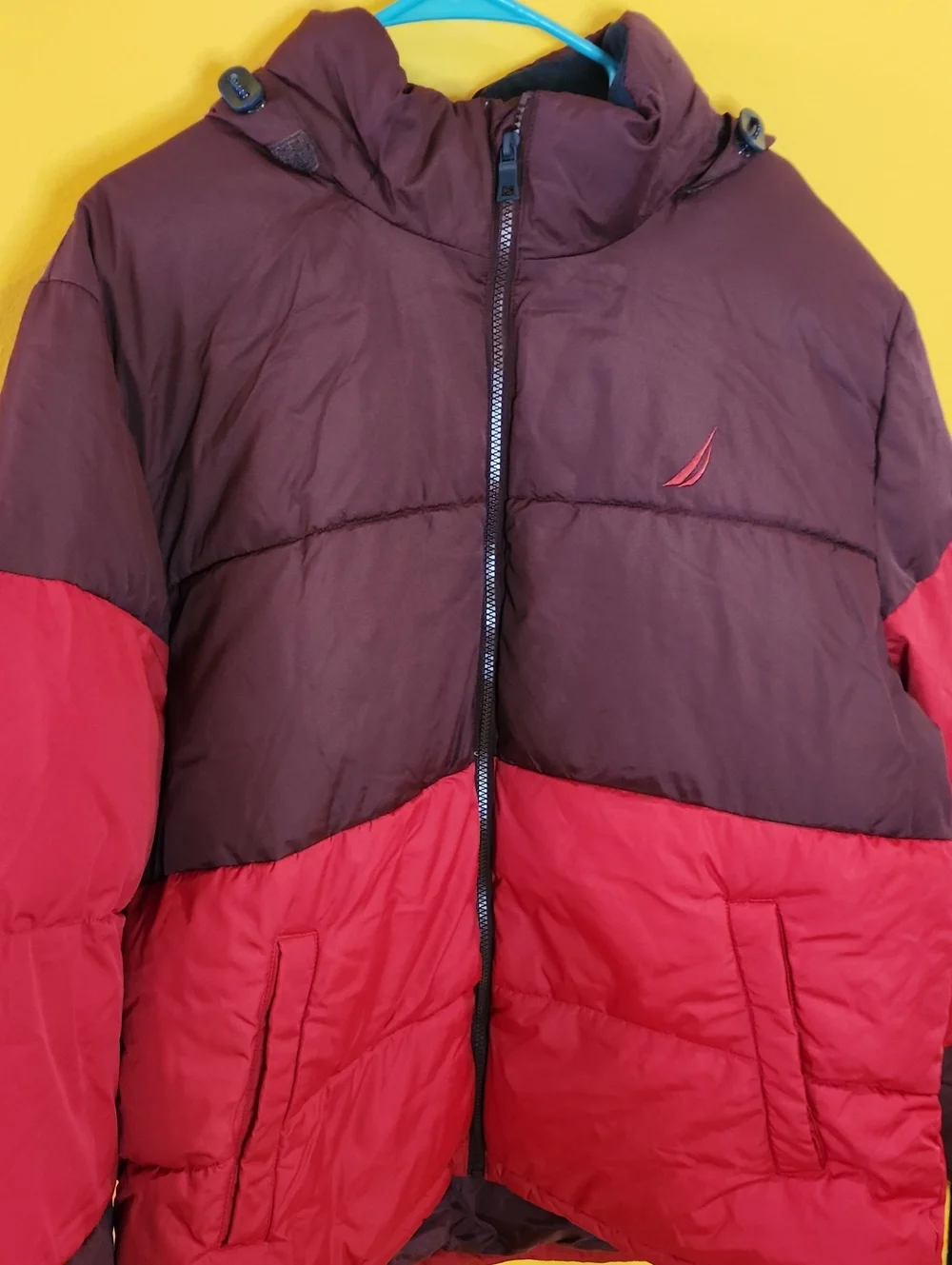 Nautica Red and Brown Colorblock Puffer Jacket